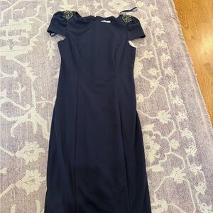 Neiman Marcus Navy Cold-Shoulder Midi Sheath Dress with Embellished Shoulders